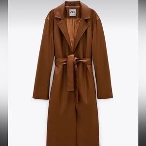 Zara Women Faux Leather Trench Coat Camel